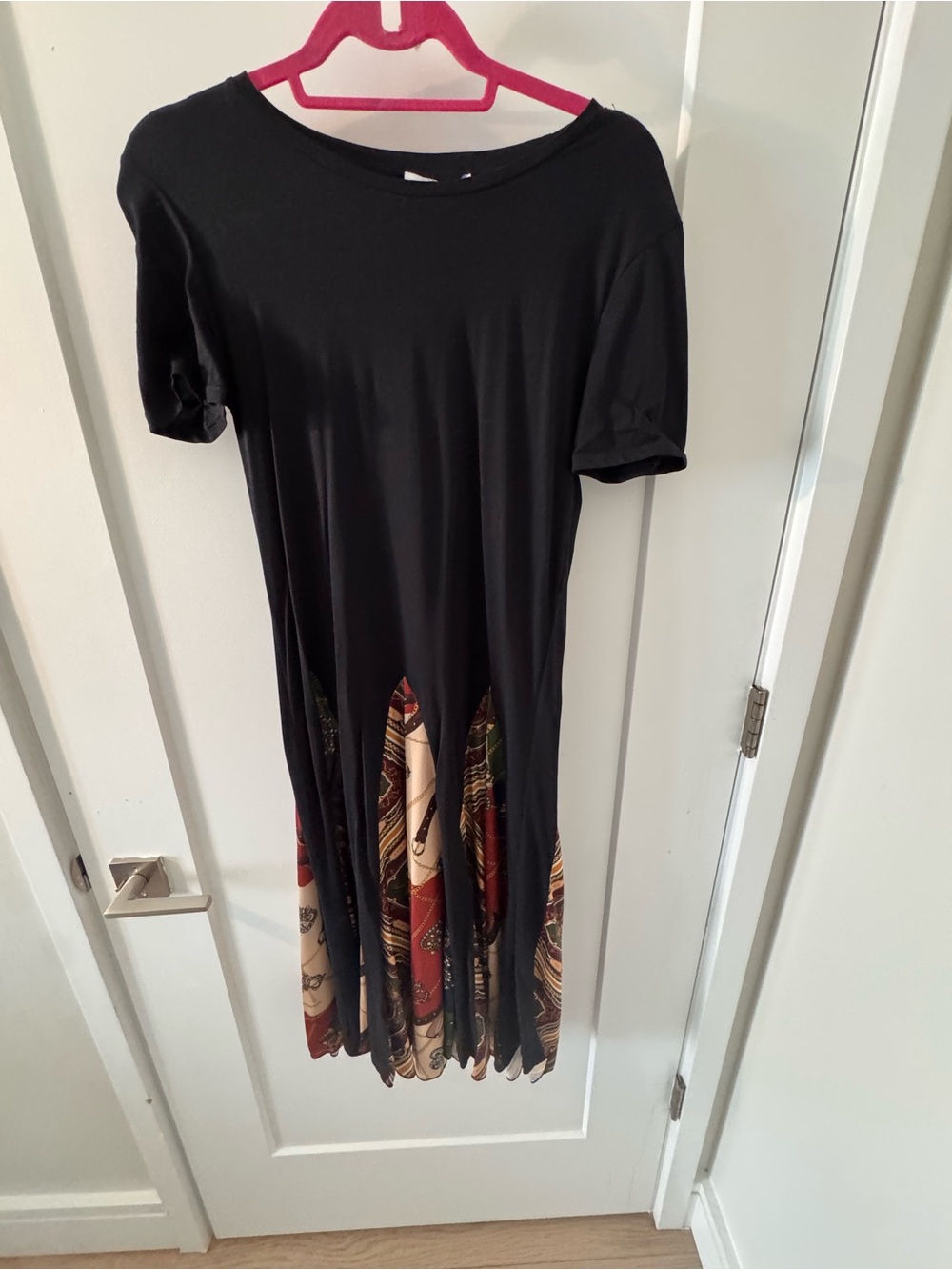 Black Short-Sleeve Tshirt Dress with Patterned Hem